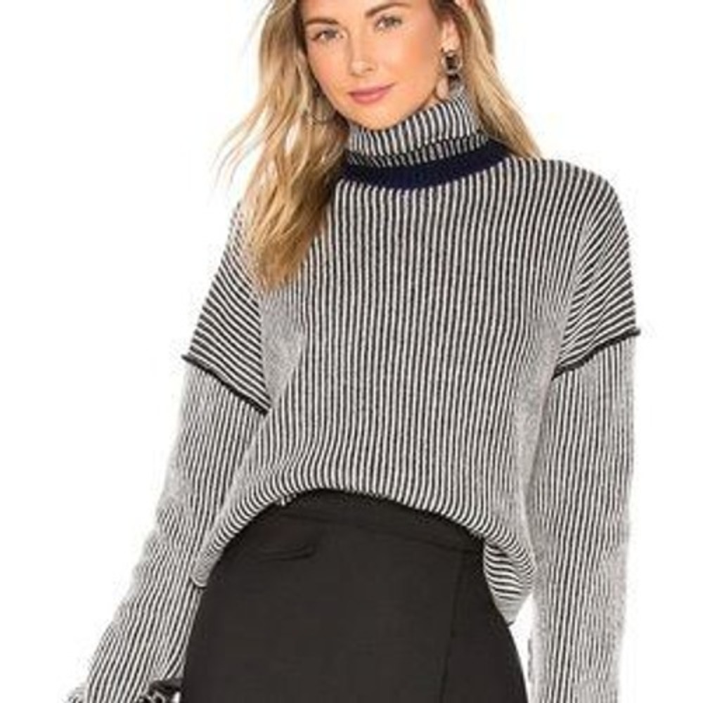 Theory Womens Oversized Stripe Turtleneck 100% Cashmere Sweater Size XSP Black
